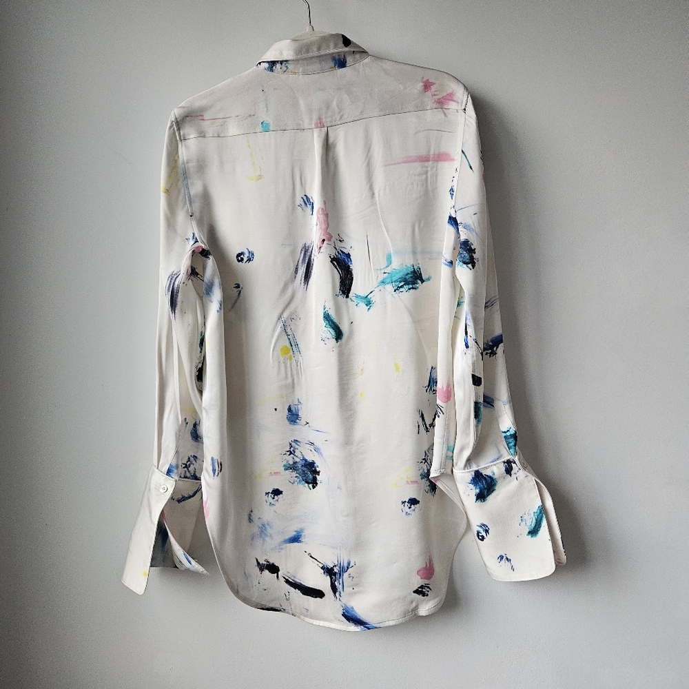 Kerri Rosenthal Silver White Paint Splatter Long Cuff Sleeve Button Down Blouse - Picture 5 of 14